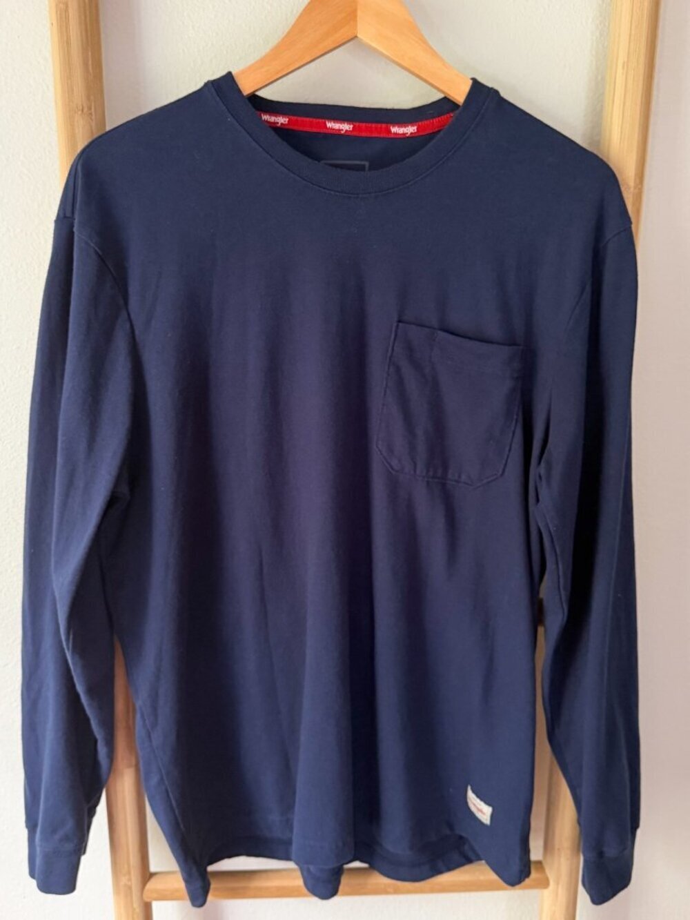 Wrangler Long Sleeve Pocket Tee Mens Large Navy Blue Casual Cotton Blend